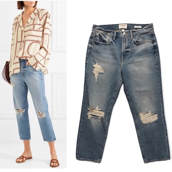 FRAME Le Stevie Distressed Straight Leg Crop Jeans In Deane Size 27 Blue - Picture 1 of 12